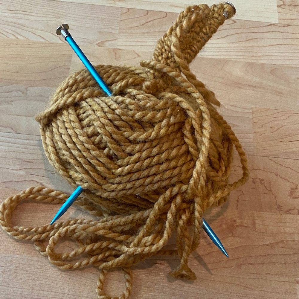 Chunky Gold Yarn with Knitting Needles